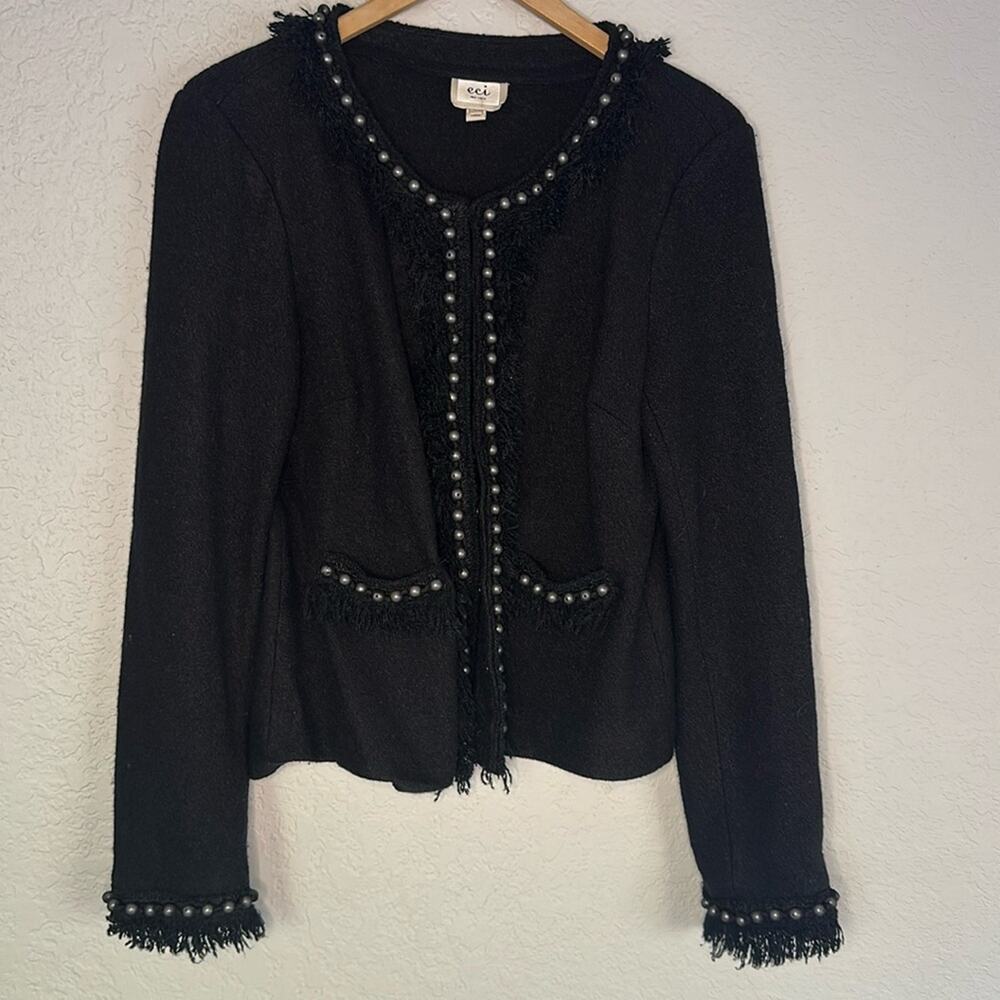 Vintage ECI Black Boucle Blazer Studded Fringed 90s Large Twee Indie Goth Prep